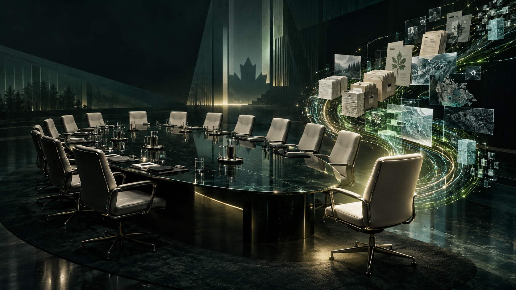 A council table with one empty chair and a luminous data supply chain