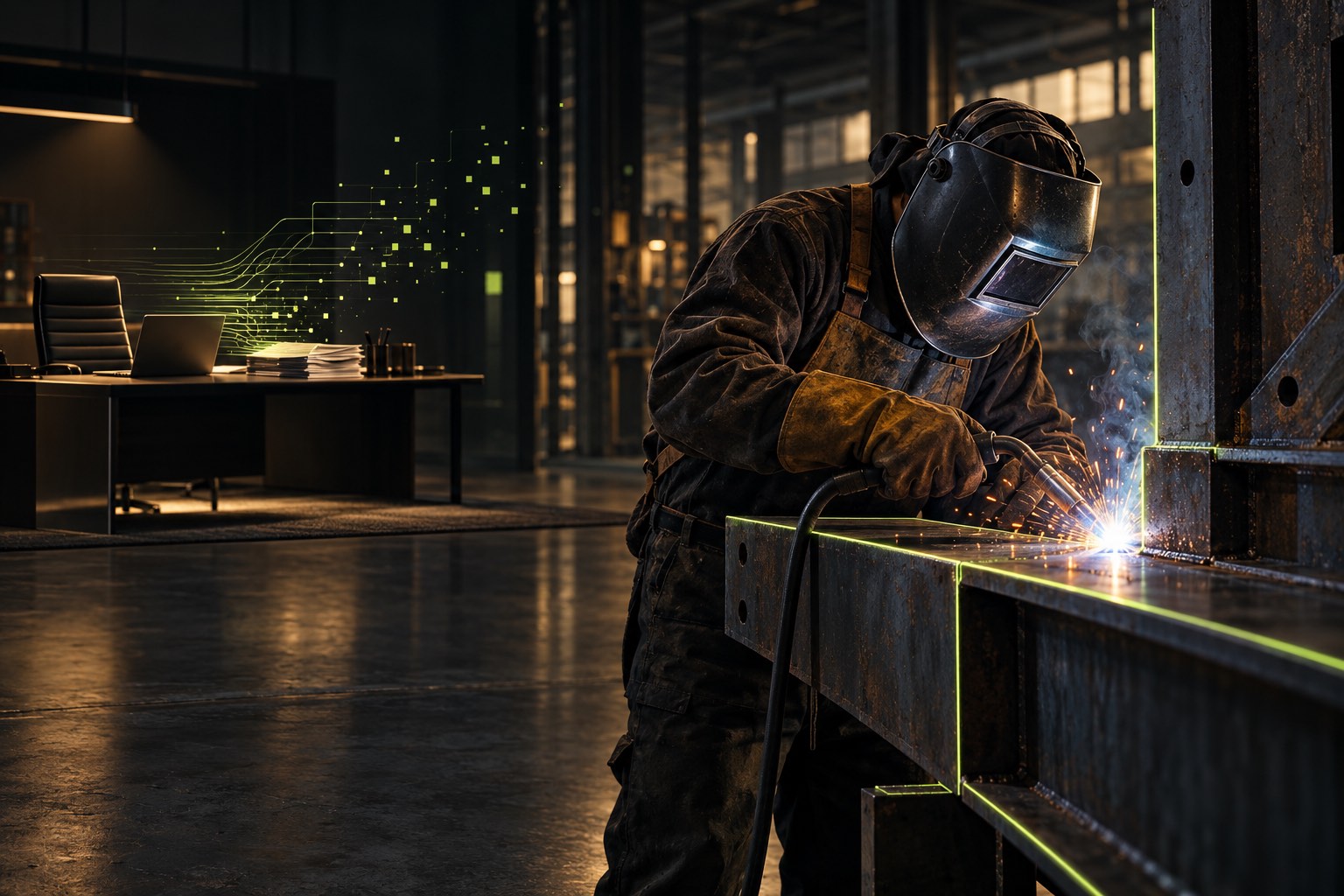 Conceptual contrast between an executive desk dissolving into digital records and a welder performing skilled physical work