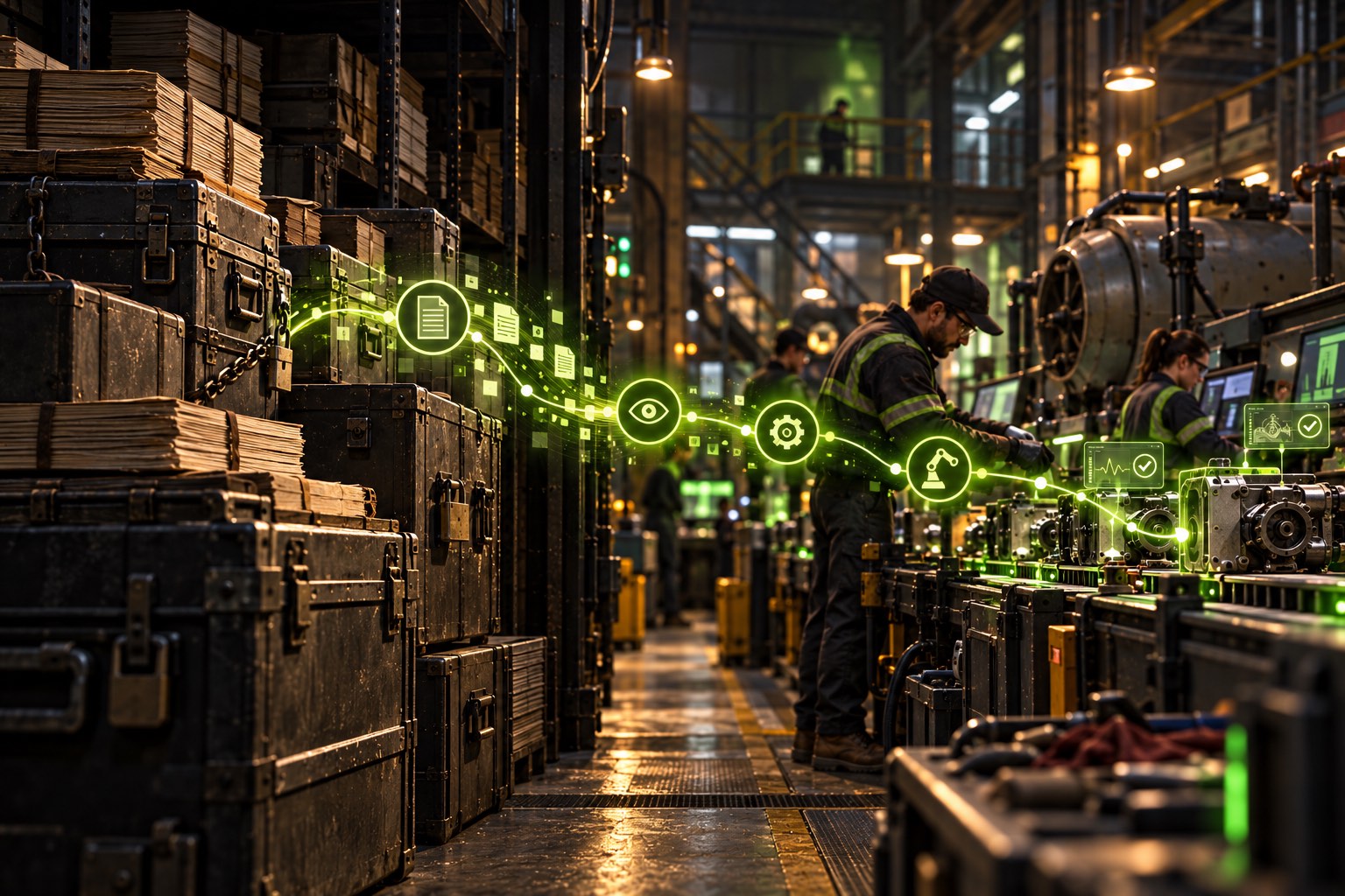 A locked industrial archive gives way to a living lime signal created by skilled work and verified operating outcomes