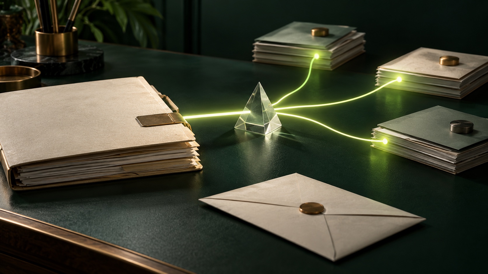 An archival folder connected through a glass prism to three possible deal paths, with a single sealed offer in the foreground