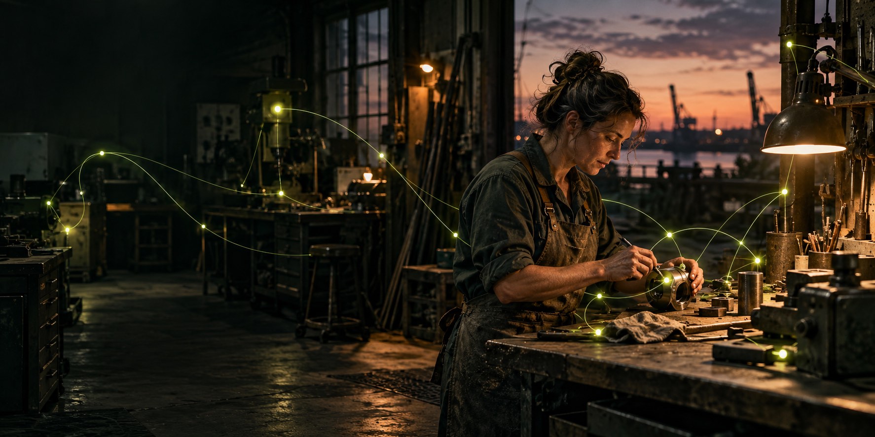 A skilled craftsperson working in a workshop as subtle signal paths connect the work to the surrounding machinery