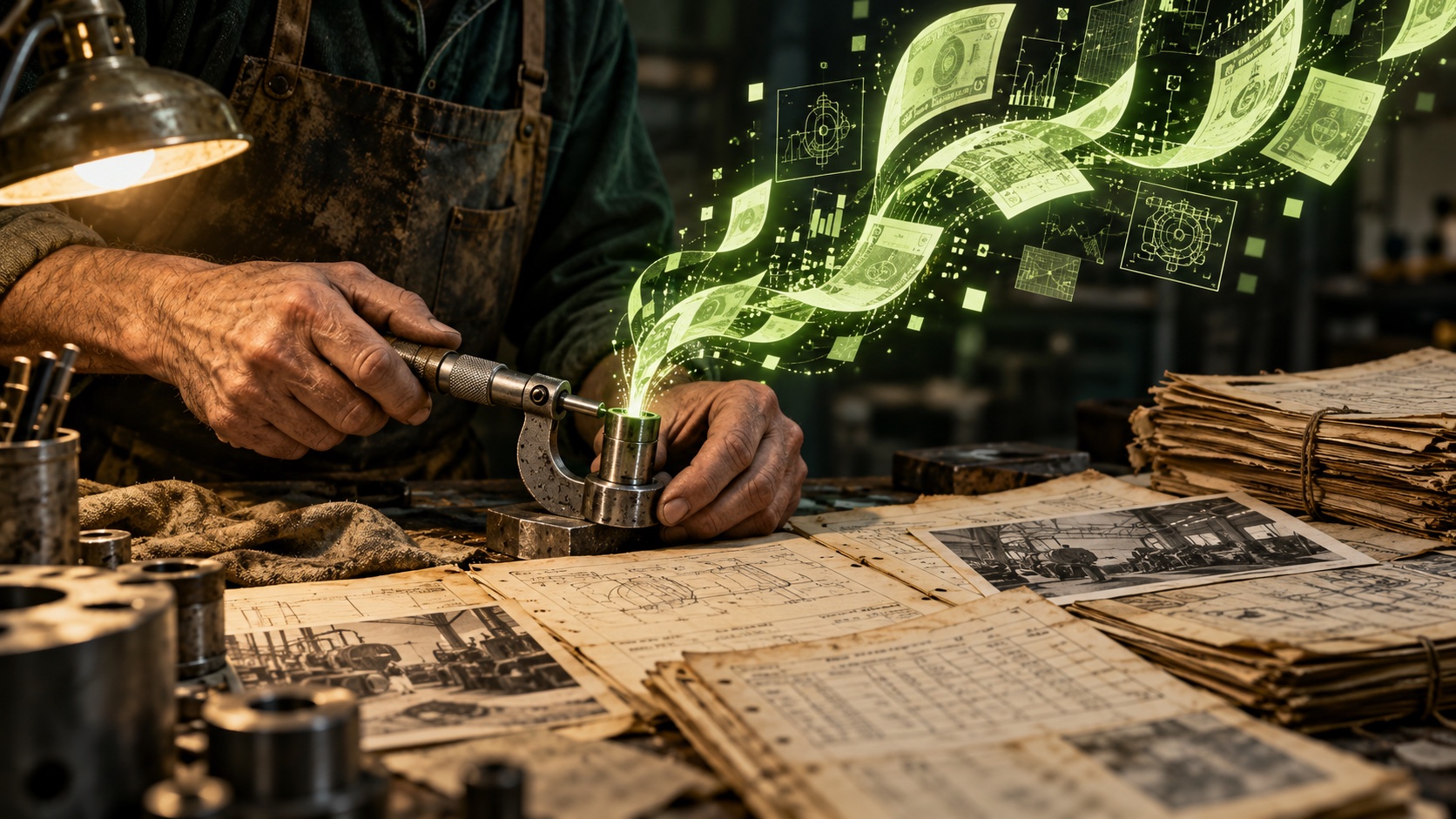 A worker’s hands and workshop records releasing a stream of lime-green data fragments and symbolic banknotes