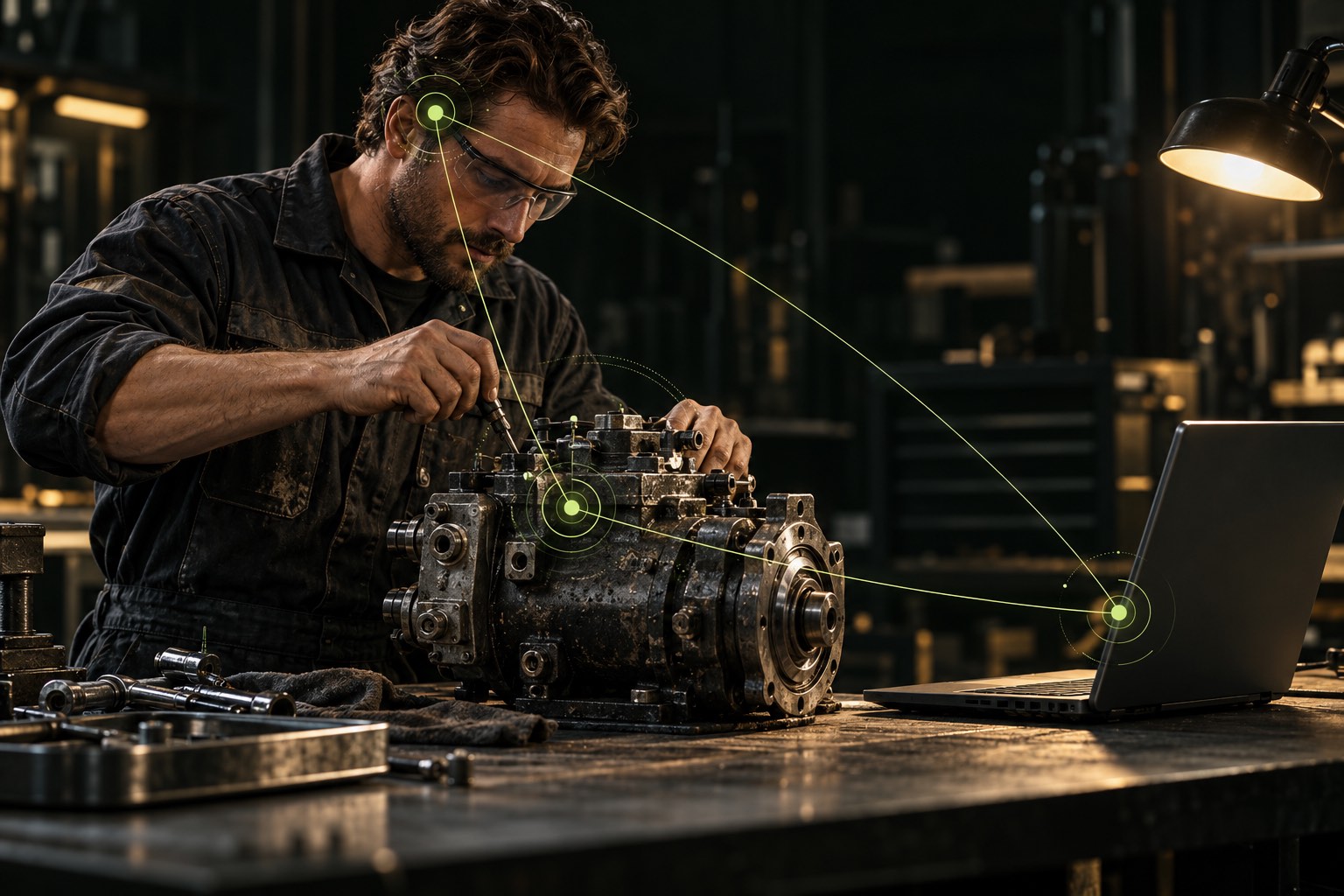 Conceptual illustration of a mechanic, equipment and laptop connected by lime signal lines