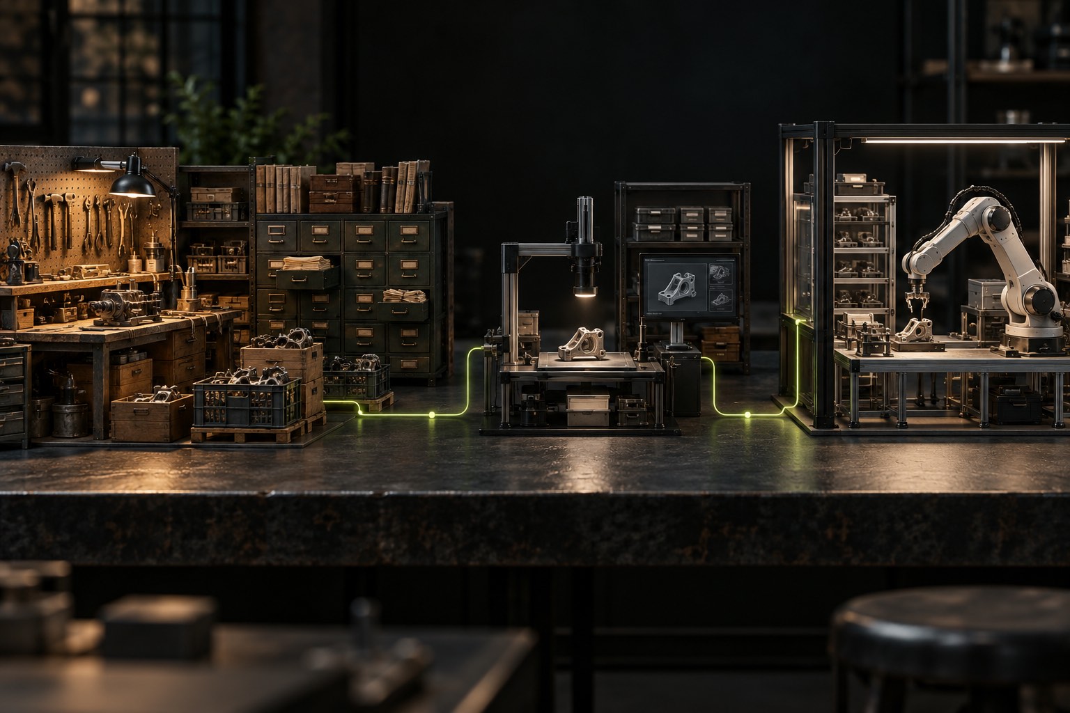 Conceptual miniature workshop, records archive and instrumented station feeding a robotics laboratory through a lime signal route