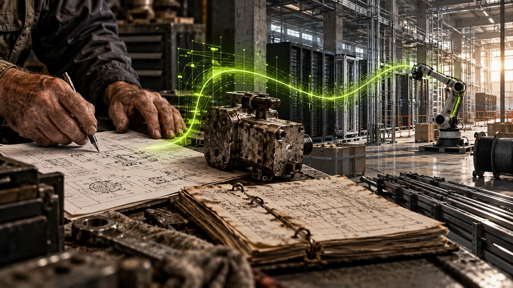 An engineer’s hands and operating records connected by a lime signal to a data-center construction hall and industrial robot