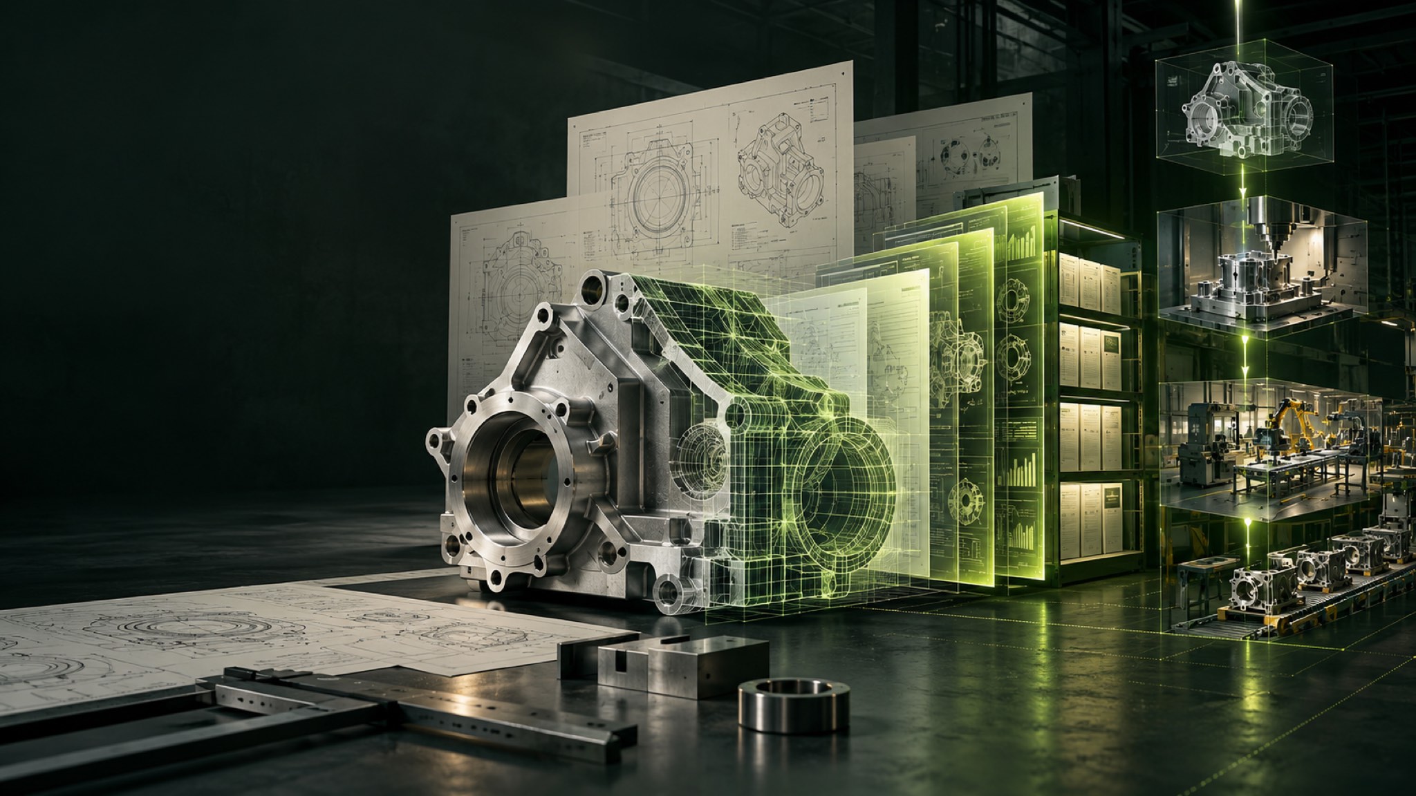 A precision-machined industrial component transitioning from engineering drawings into a structured luminous archive