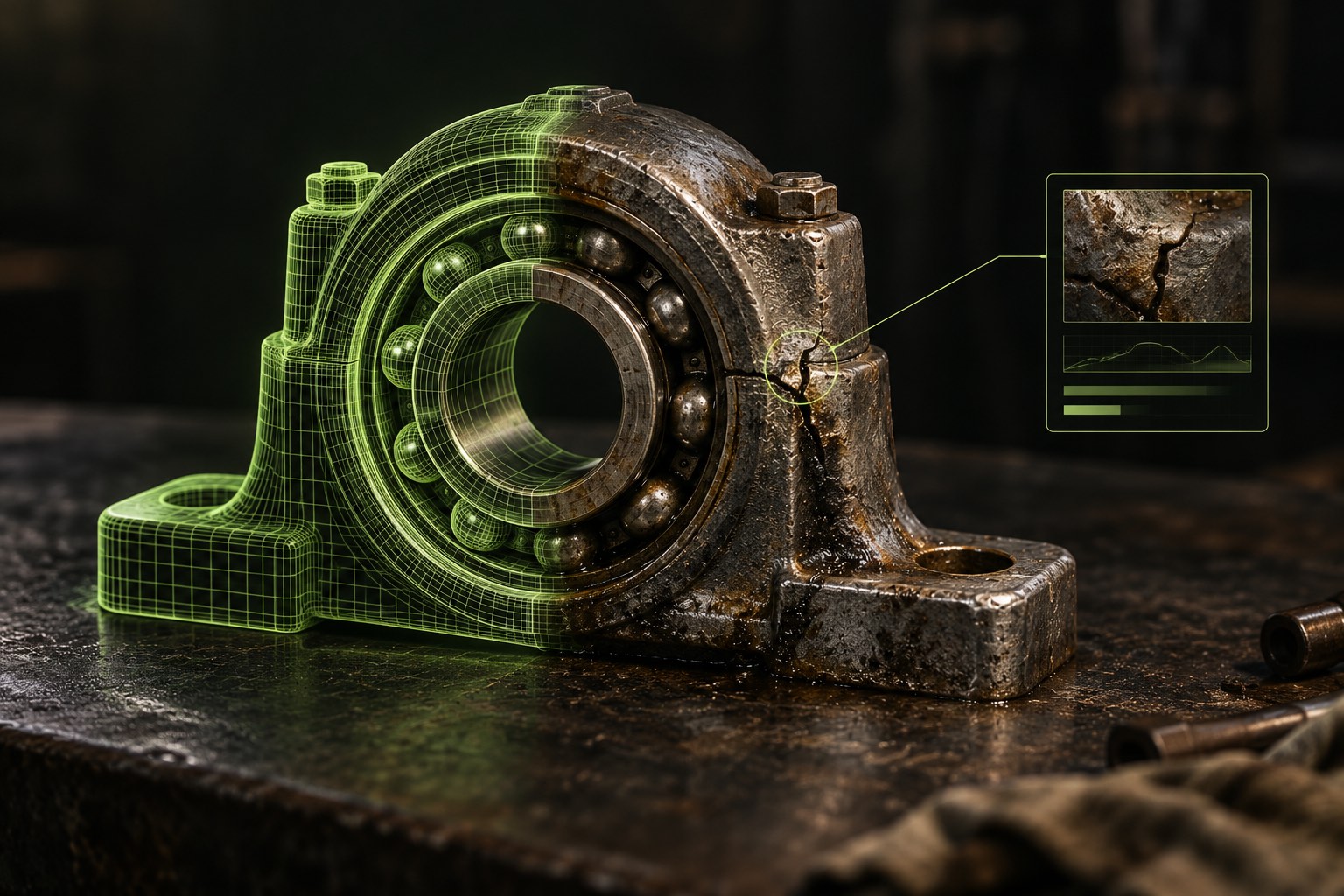 A conceptual industrial bearing transitioning from a pristine lime wireframe into worn steel with an inspection record