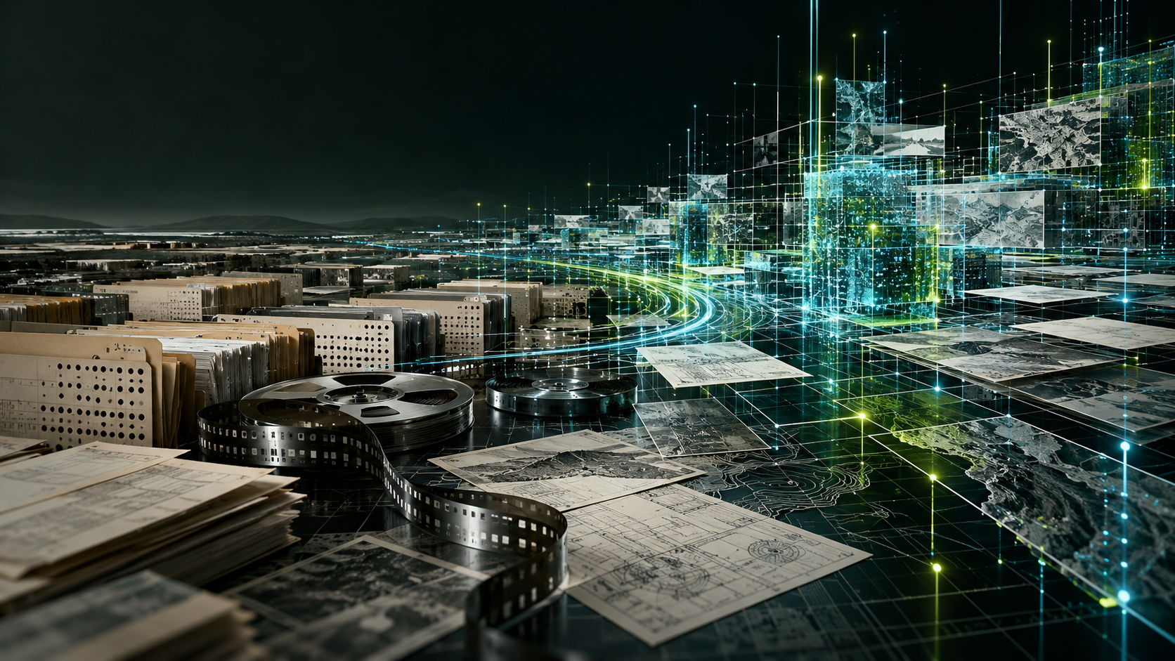 Archival materials dissolving into a luminous data lattice