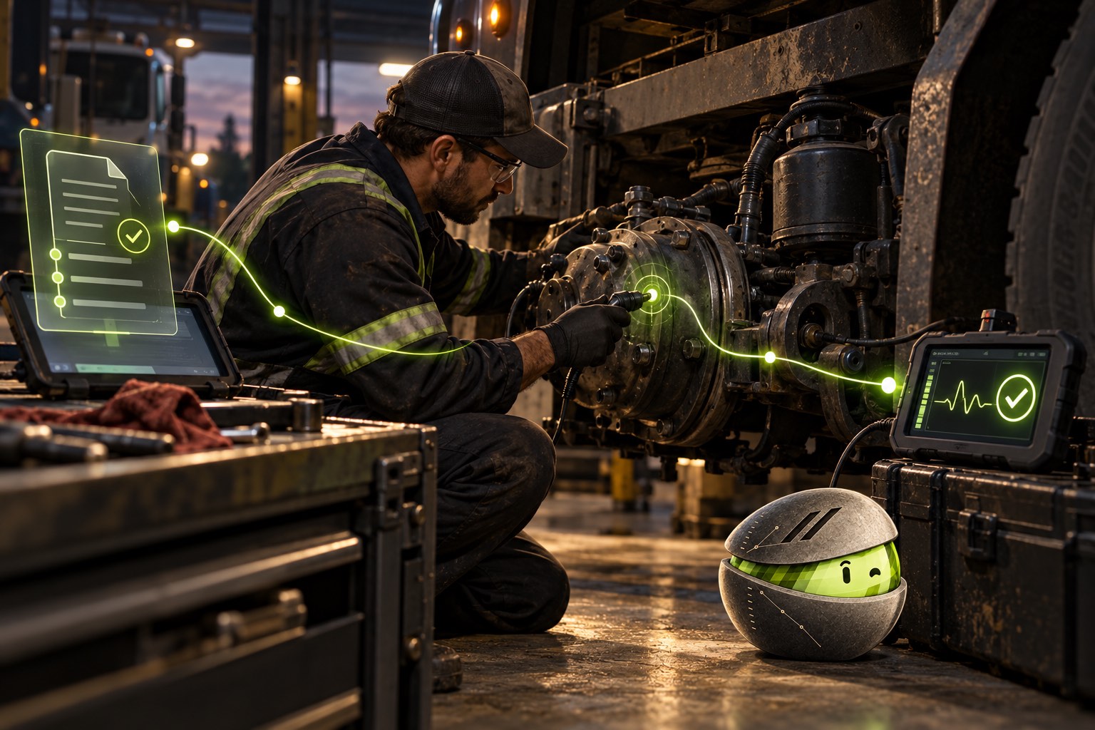 A technician verifies a heavy-vehicle repair while a lime signal links a digital work order to diagnostic evidence and TRACE watches nearby